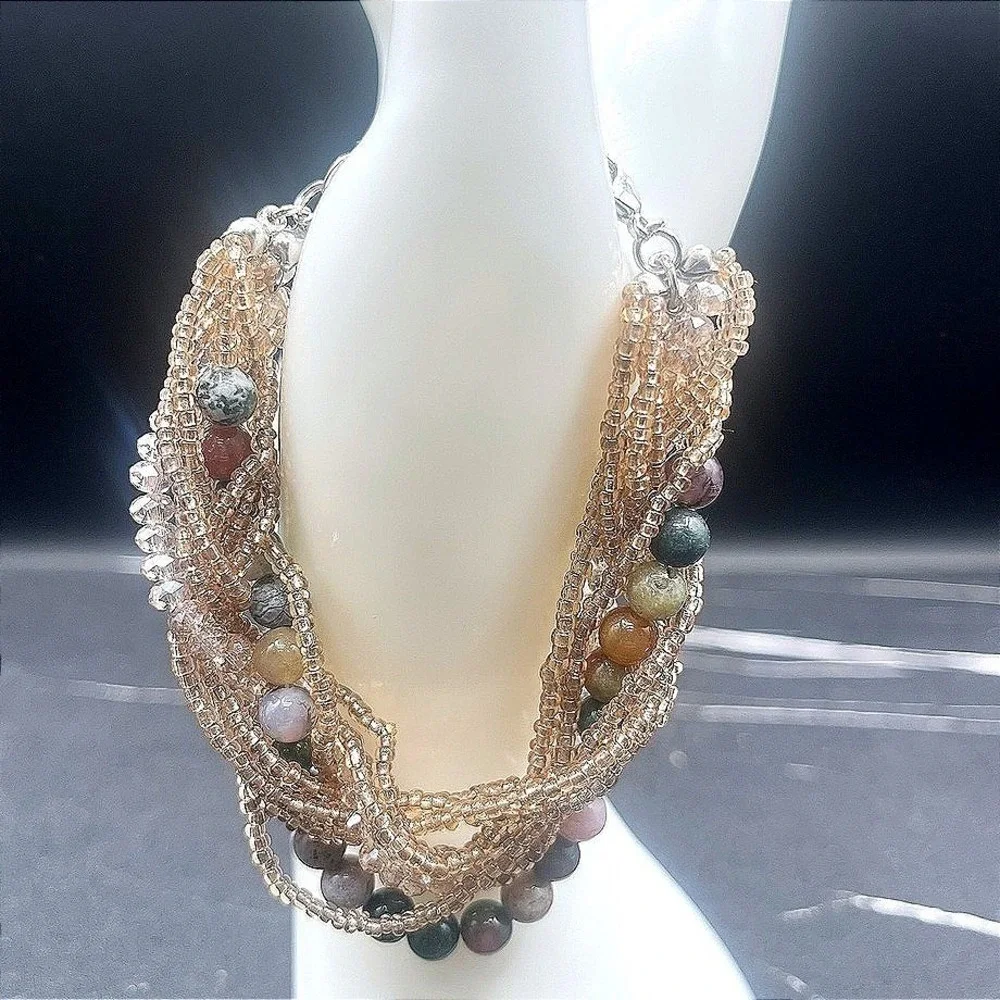 Vintage Y2K Multi-Strand Agate Natural Stone Bracelet Seed Beads Boho‎ Statement